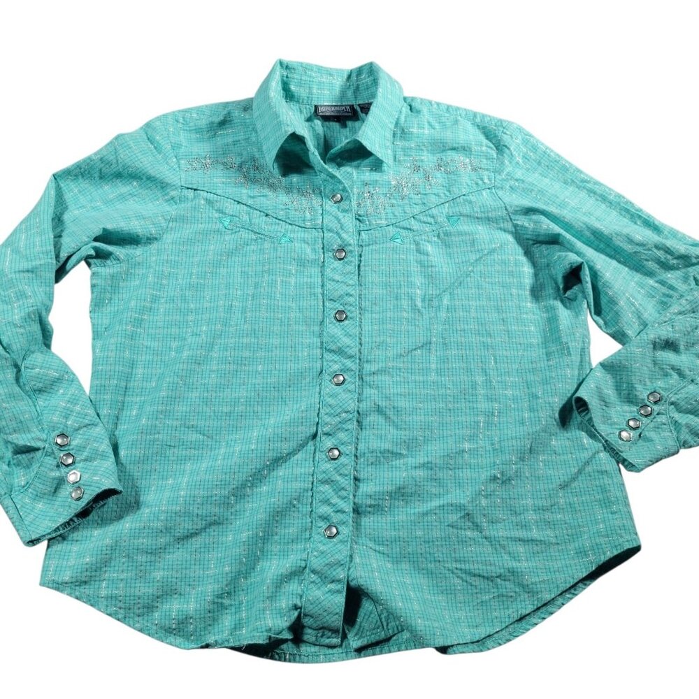 Roughrider Western Shirt Womens Large Green Check Pearl Snap Cowgirl Rhinestones